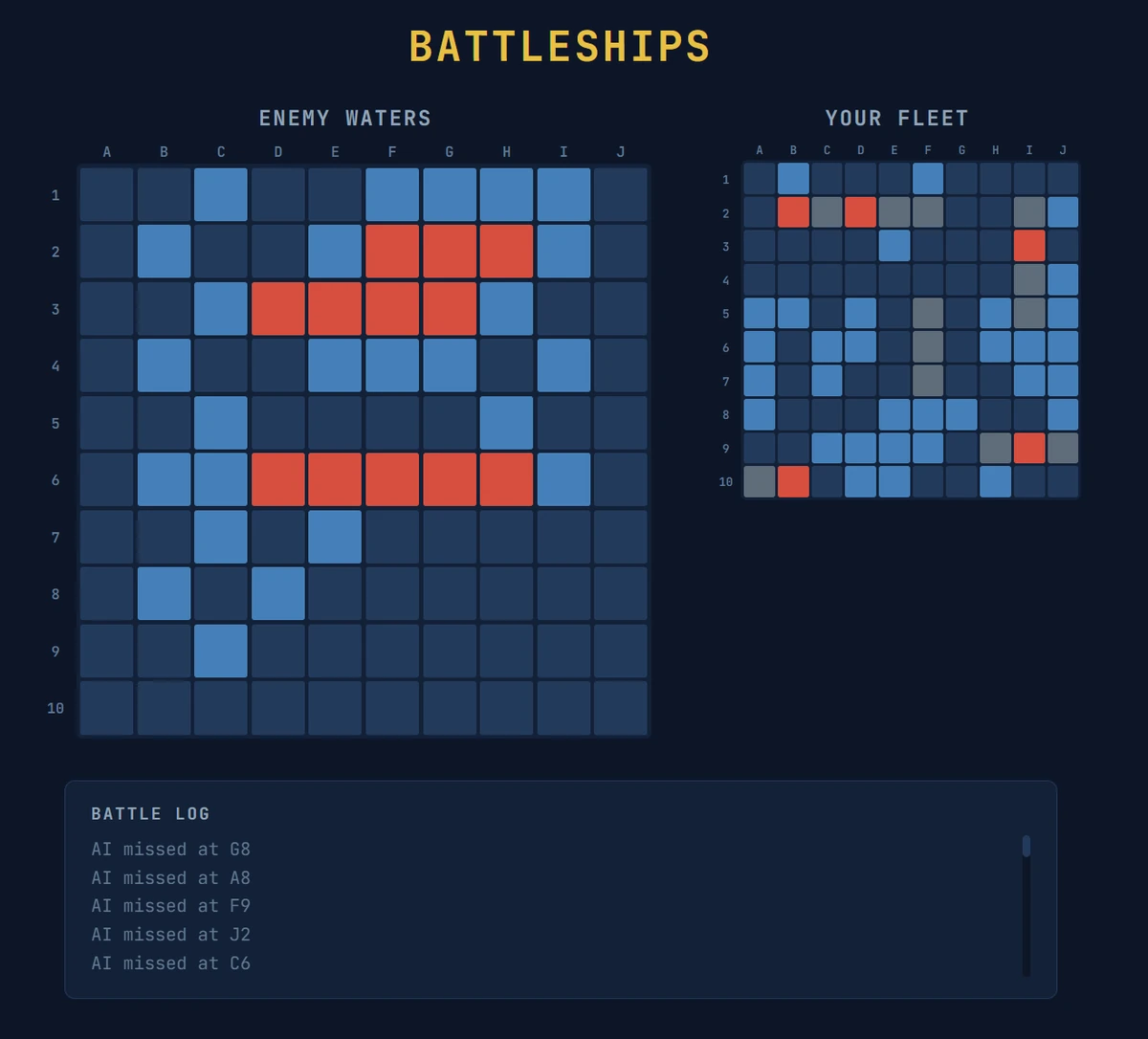 Battleships game board during play